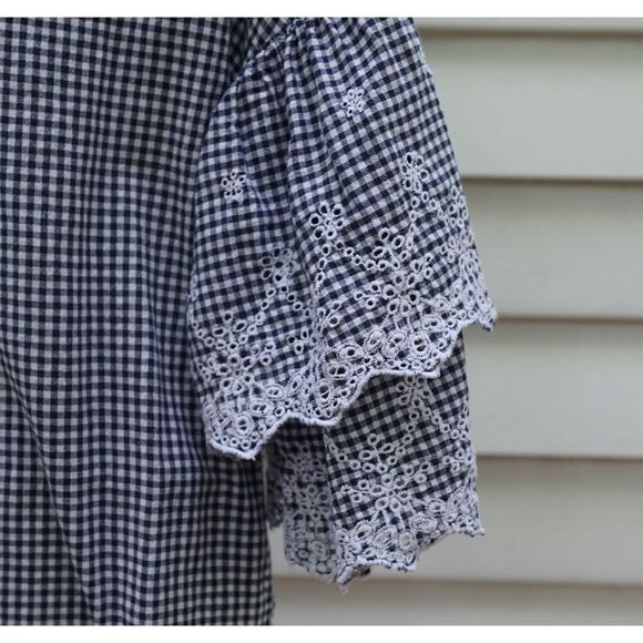 Vintage 90s New Direction Blue Gingham Eyelet Bell Sleeve Blouse - Picture 4 of 6